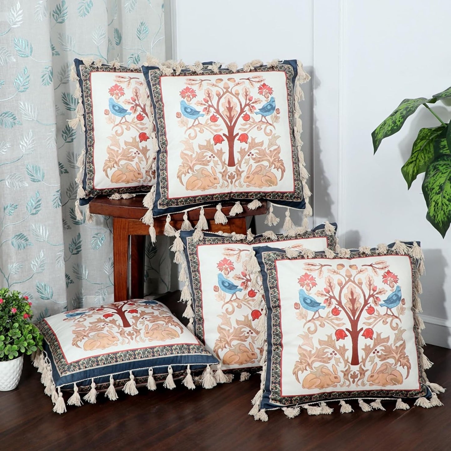 Ishro Home Tree of Life Cushion Covers | Soft Frill Design | 16x16 Inch | Machine Washable