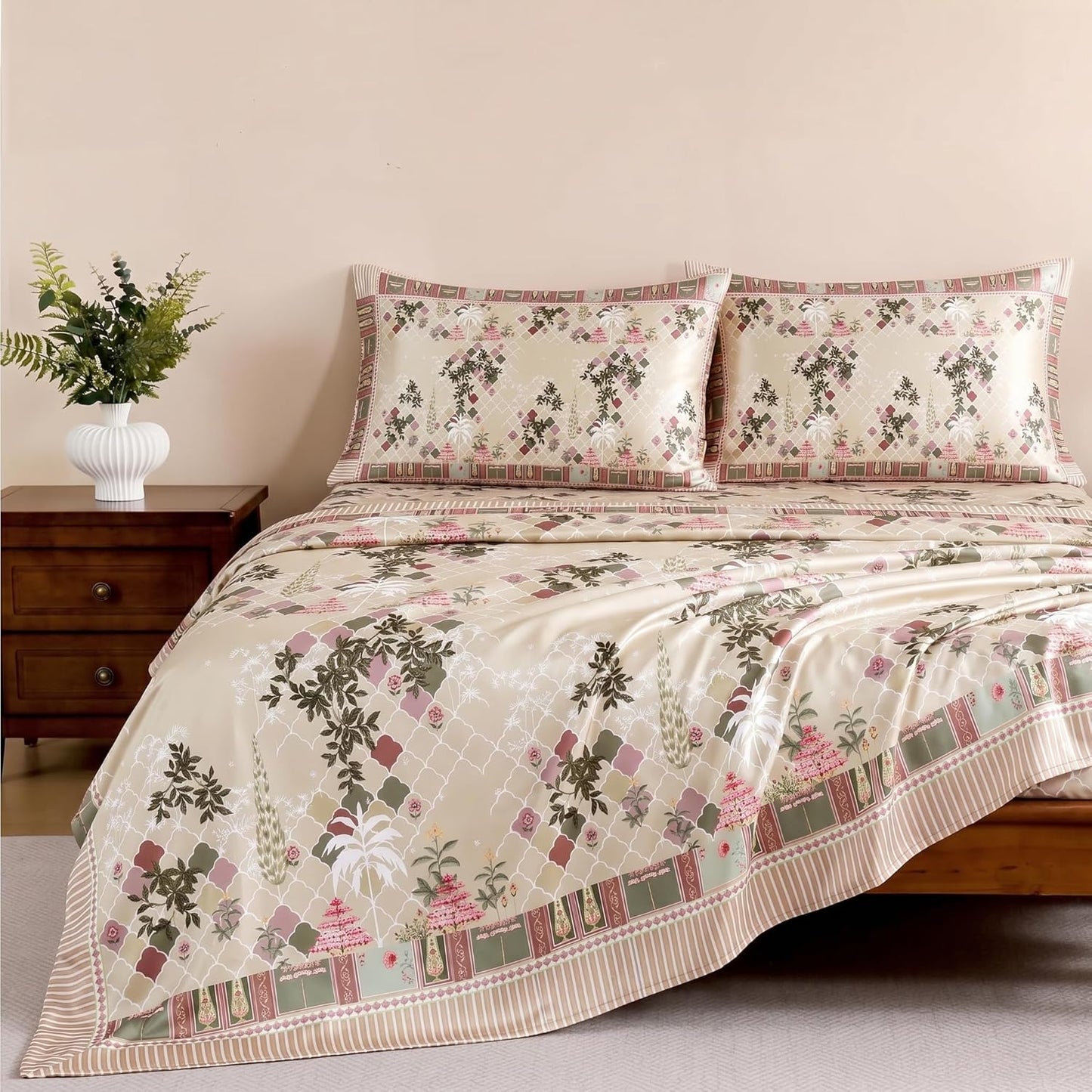 Luxury Satin Double Bedsheet with 2 Pillow Covers | Soft, Silky & Wrinkle Resistant | Zurich Meadow