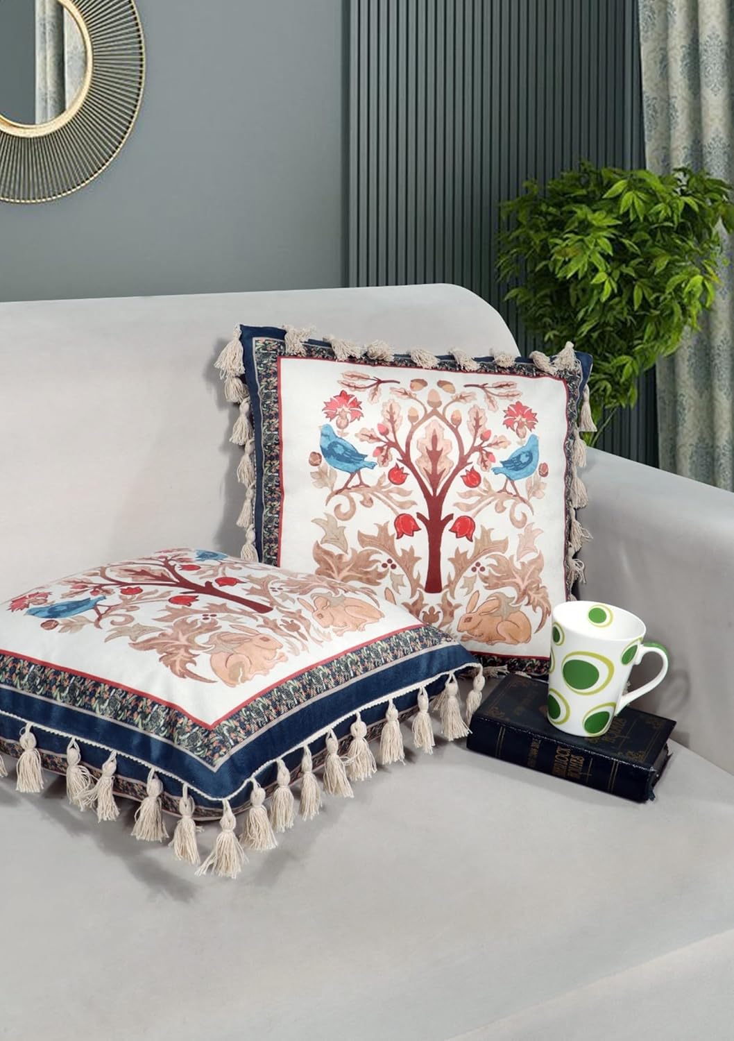 Ishro Home Tree of Life Cushion Covers | Soft Frill Design | 16x16 Inch | Machine Washable