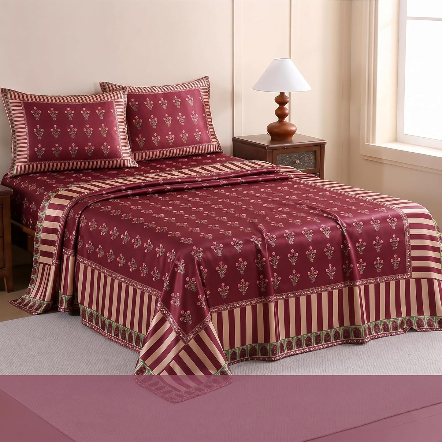 Luxury Satin Double Bedsheet with 2 Pillow Covers | Soft, Silky & Wrinkle Resistant | Zurich Meadow