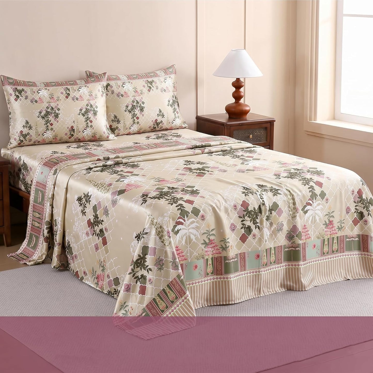 Luxury Satin Double Bedsheet with 2 Pillow Covers | Soft, Silky & Wrinkle Resistant | Zurich Meadow