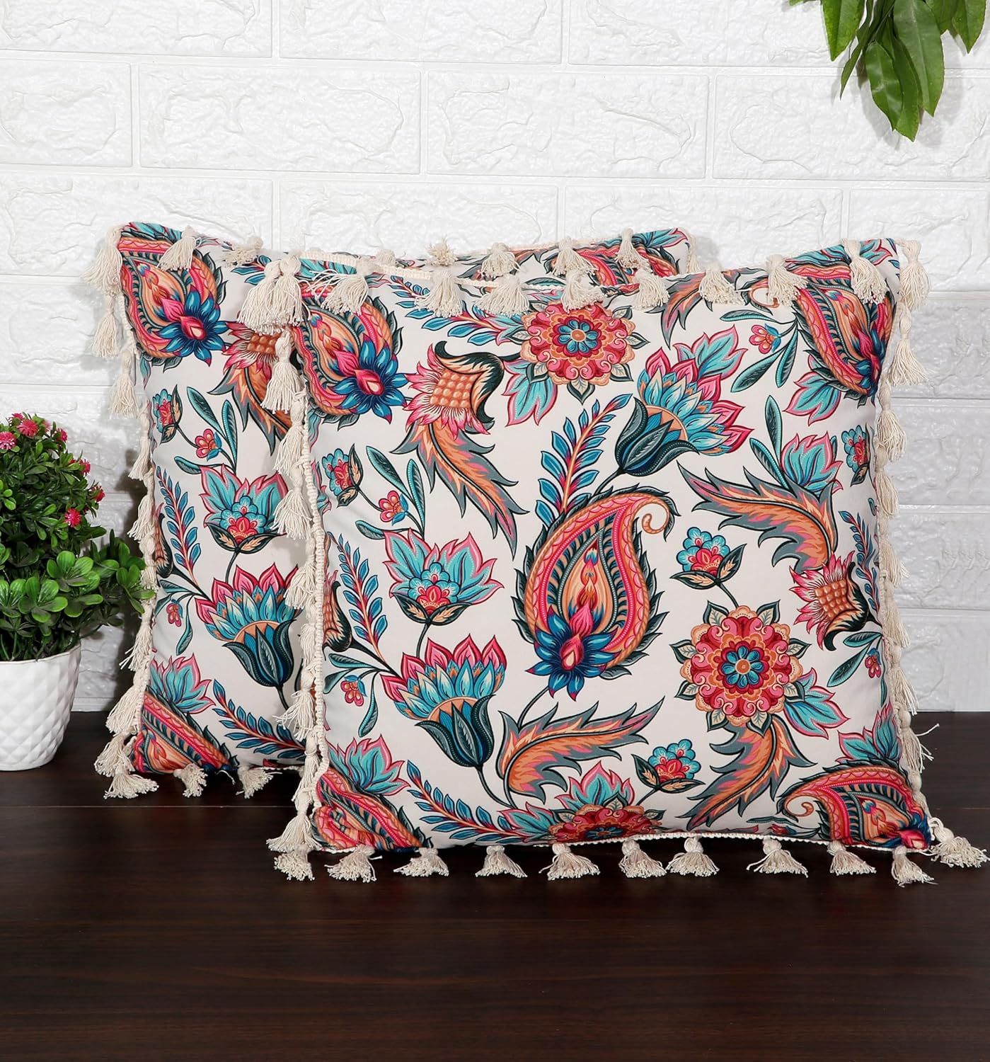Ishro Home Tree of Life Cushion Covers | Soft Frill Design | 16x16 Inch | Machine Washable