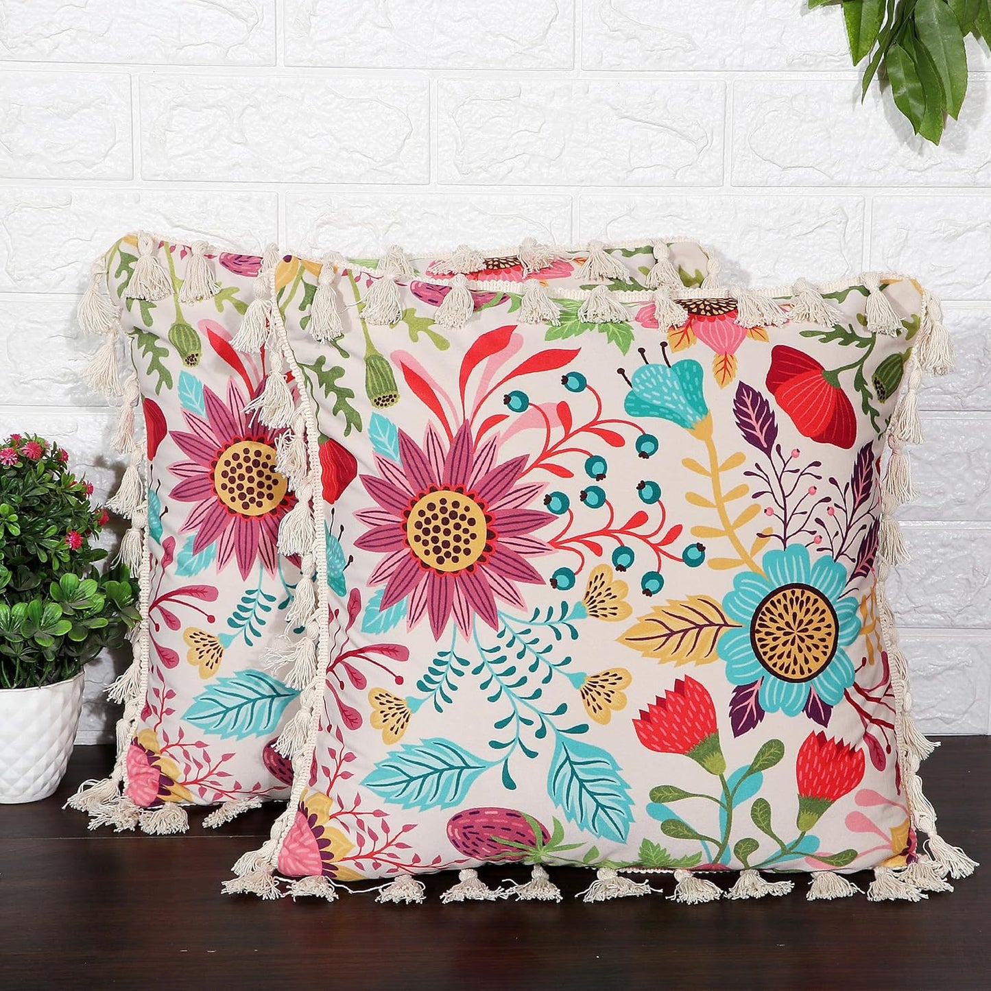 Ishro Home Tree of Life Cushion Covers | Soft Frill Design | 16x16 Inch | Machine Washable