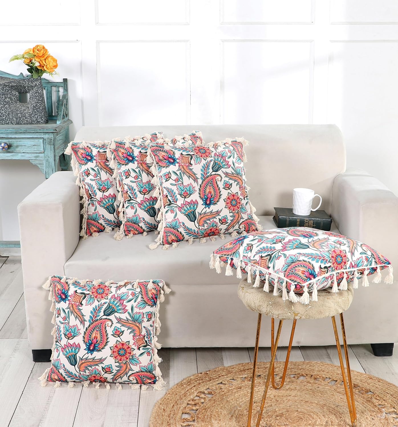 Ishro Home Tree of Life Cushion Covers | Soft Frill Design | 16x16 Inch | Machine Washable