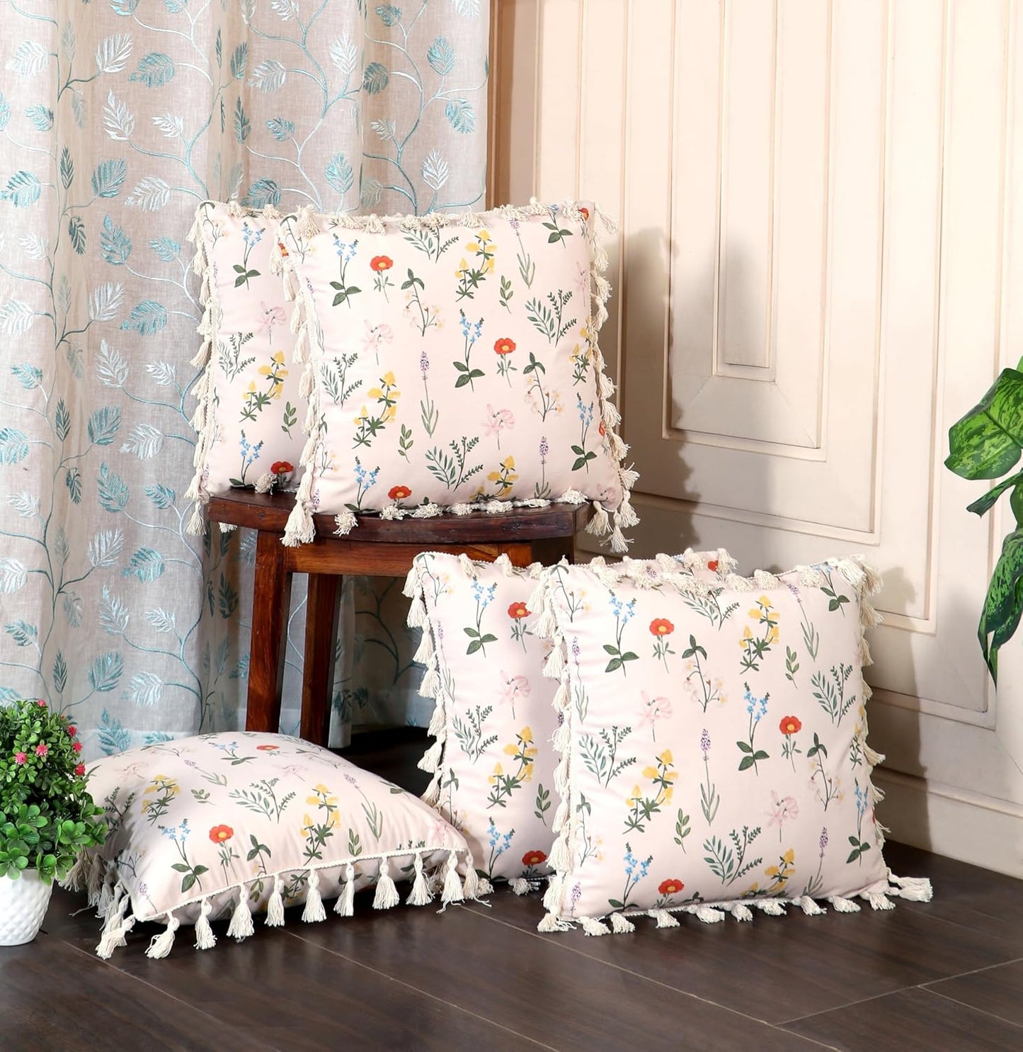 Ishro Home Tree of Life Cushion Covers | Soft Frill Design | 16x16 Inch | Machine Washable
