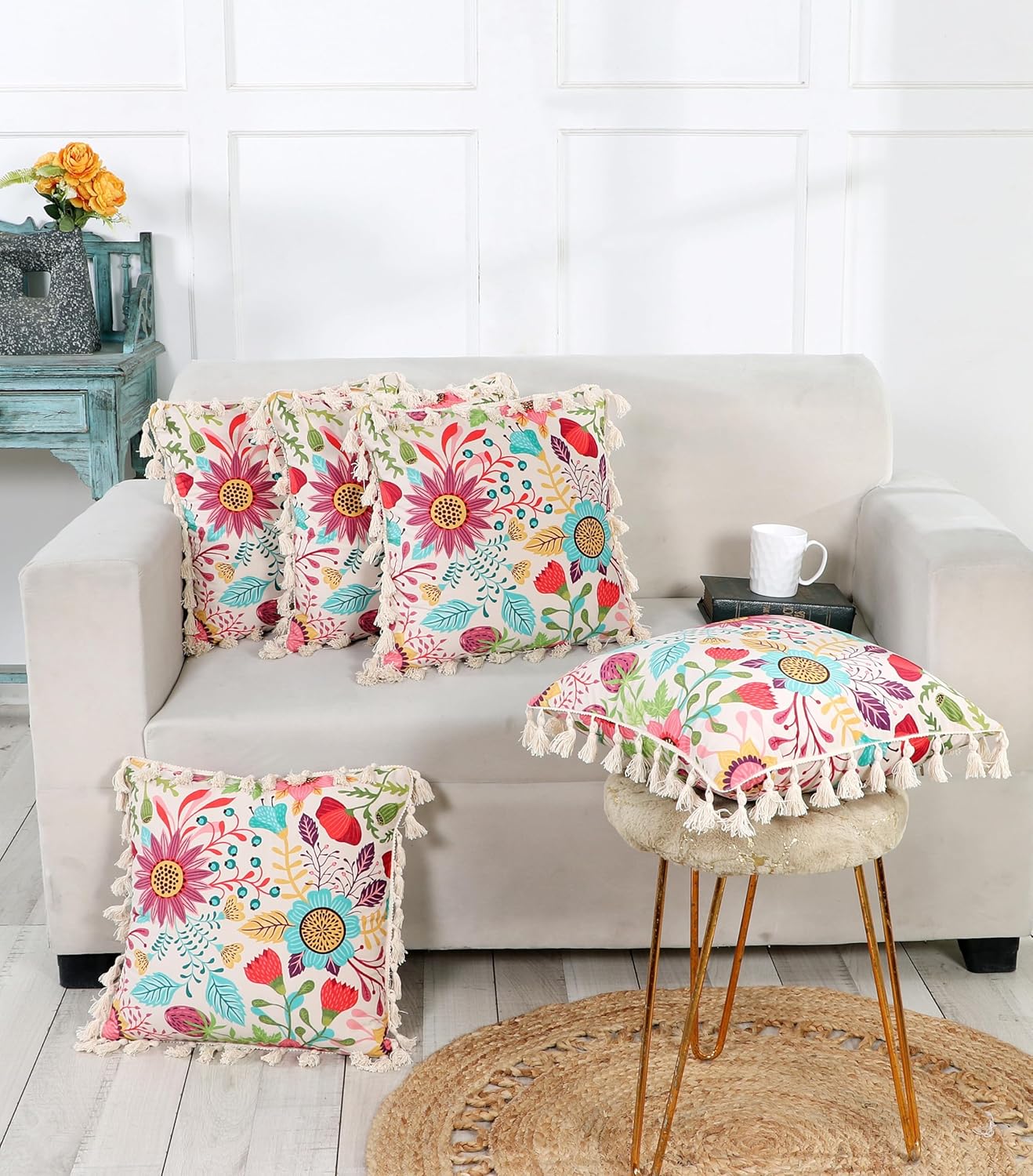 Ishro Home Tree of Life Cushion Covers | Soft Frill Design | 16x16 Inch | Machine Washable